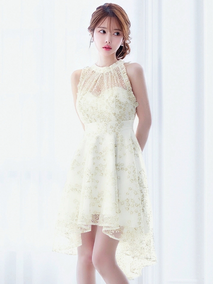 【Donia Quinn / ドニアクイーン】 刺繍レース/ アメスリ/ シアー/ フリル/ バストギャザー/ テールカット/ バックリボン/ フレア/ ミニドレス/ キャバドレス3