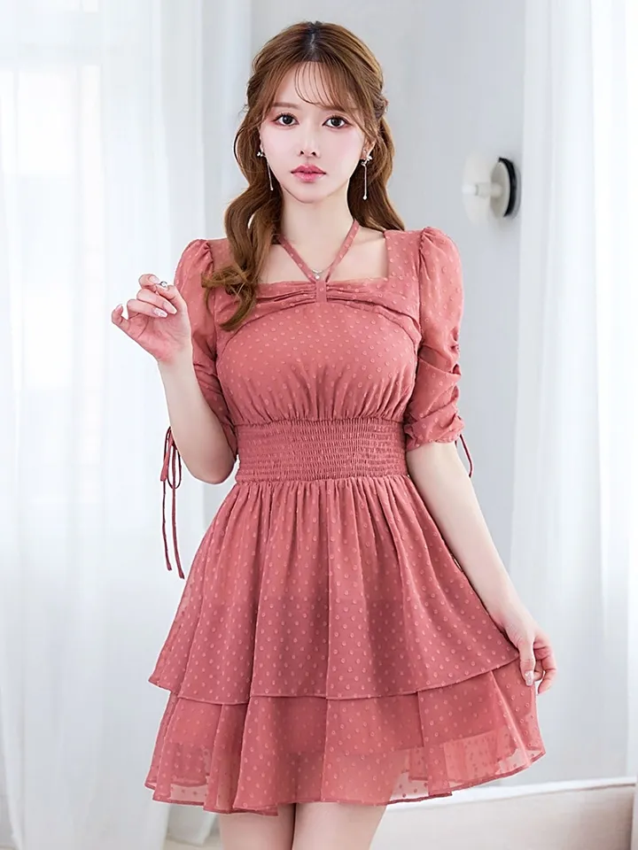 【Donia Quinn / ドニアクイーン】 ドット/ 袖付き/ シャーリング/ 2段フリル/ スクエアネック/ ティアード/ ウエストマーク/ ストレッチ/ フレア/ ミニドレス/ キャバドレス12