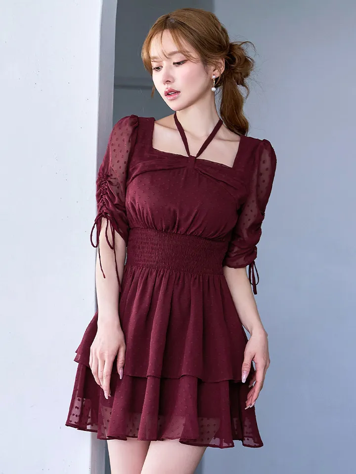 【Donia Quinn / ドニアクイーン】 ドット/ 袖付き/ シャーリング/ フリル/ スクエアネック/ ティアード/ ウエストマーク/ フレア/ ミニドレス/ キャバドレス[OF05]5