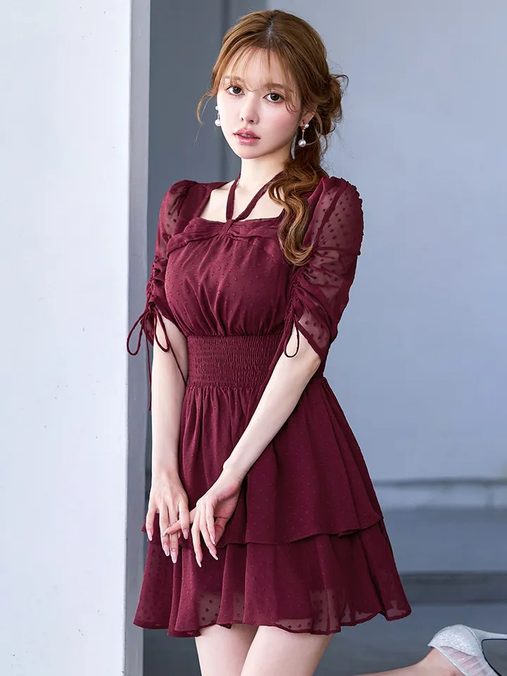 【Donia Quinn / ドニアクイーン】 ドット/ 袖付き/ シャーリング/ フリル/ スクエアネック/ ティアード/ ウエストマーク/ フレア/ ミニドレス/ キャバドレス[OF05]6