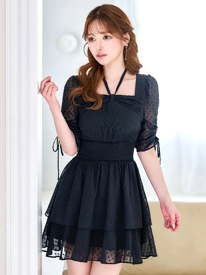 【Donia Quinn / ドニアクイーン】 ドット/ 袖付き/ シャーリング/ 2段フリル/ スクエアネック/ ティアード/ ウエストマーク/ ストレッチ/ フレア/ ミニドレス/ キャバドレス16