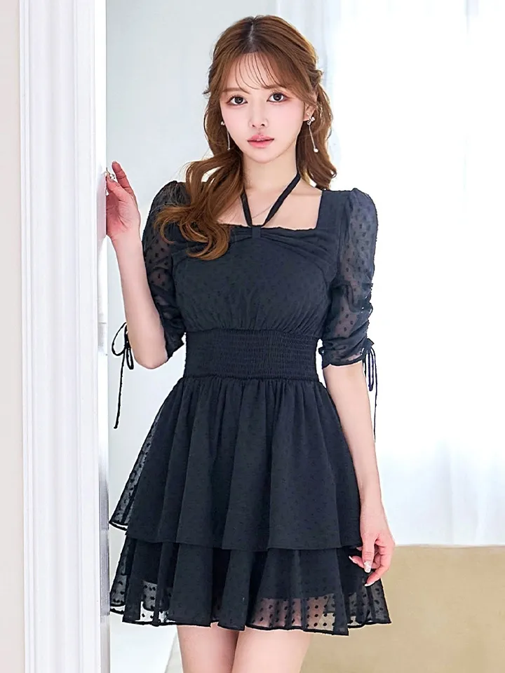 【Donia Quinn / ドニアクイーン】 ドット/ 袖付き/ シャーリング/ 2段フリル/ スクエアネック/ ティアード/ ウエストマーク/ ストレッチ/ フレア/ ミニドレス/ キャバドレス17