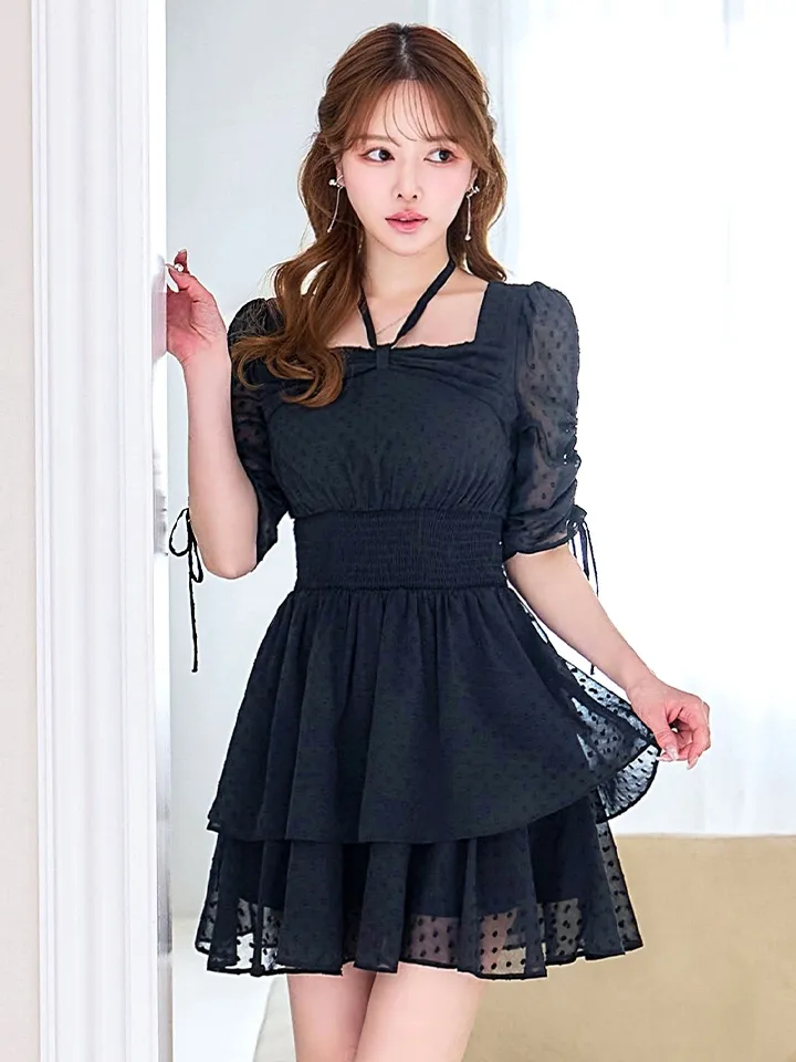 【Donia Quinn / ドニアクイーン】 ドット/ 袖付き/ シャーリング/ 2段フリル/ スクエアネック/ ティアード/ ウエストマーク/ ストレッチ/ フレア/ ミニドレス/ キャバドレス18