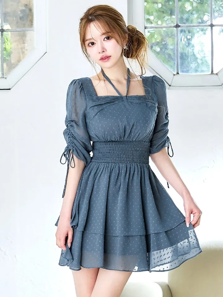 【Donia Quinn / ドニアクイーン】 ドット/ 袖付き/ シャーリング/ フリル/ スクエアネック/ ティアード/ ウエストマーク/ フレア/ ミニドレス/ キャバドレス[OF05]7