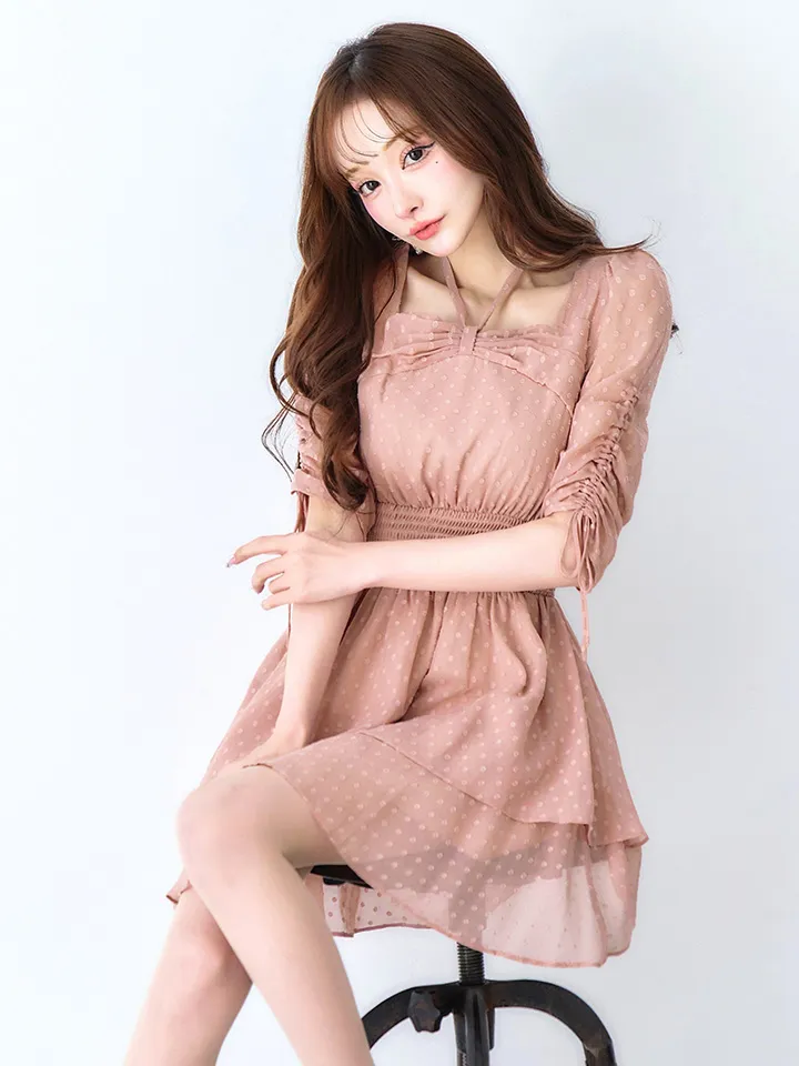 【Donia Quinn / ドニアクイーン】 ドット/ 袖付き/ シャーリング/ フリル/ スクエアネック/ ティアード/ ウエストマーク/ フレア/ ミニドレス/ キャバドレス[OF05]2