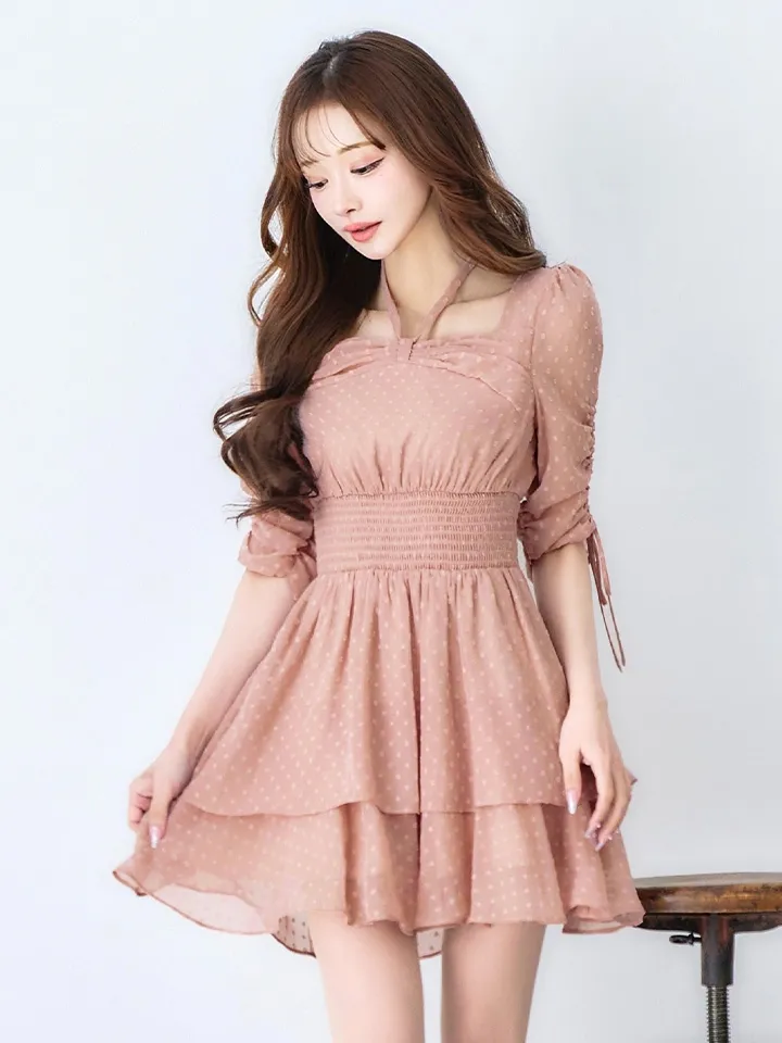 【Donia Quinn / ドニアクイーン】 ドット/ 袖付き/ シャーリング/ フリル/ スクエアネック/ ティアード/ ウエストマーク/ フレア/ ミニドレス/ キャバドレス[OF05]3