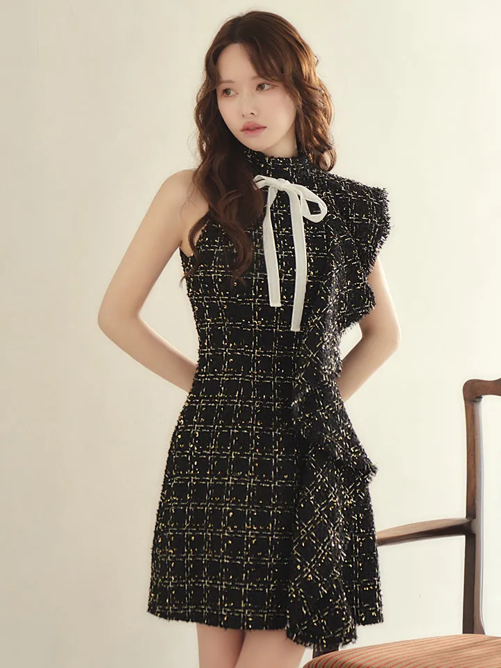 【VELIQUE/ヴェリーク】ラメツイード/ ハイネック/ ネックリボン/ ノースリーブ/ フリル/ Aライン/ フレア/ ワンピース/ ミニドレス/ キャバドレス2