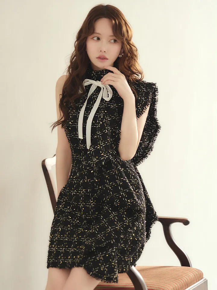 【VELIQUE/ヴェリーク】ラメツイード/ ハイネック/ ネックリボン/ ノースリーブ/ フリル/ Aライン/ フレア/ ワンピース/ ミニドレス/ キャバドレス5