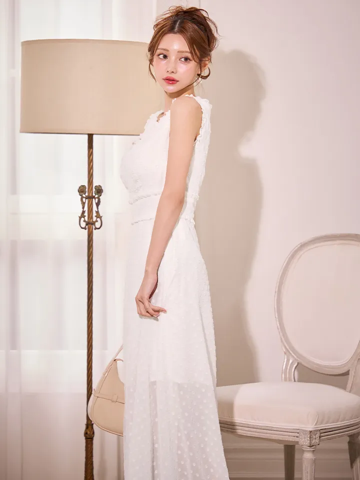 【VELIQUE/ヴェリーク】ドット/ Vネック/ フリル/ ノースリーブ/ ハイウエスト/ Aライン/ フレア/ ワンピース/ ロングドレス/ キャバドレス1