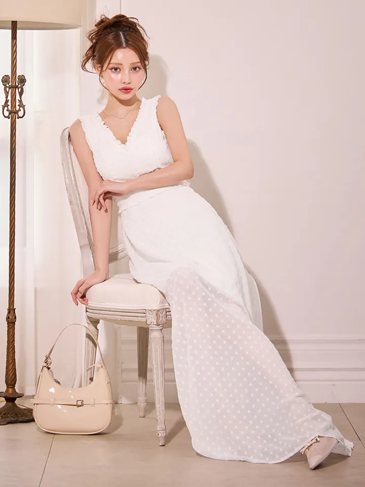 【VELIQUE/ヴェリーク】ドット/ Vネック/ フリル/ ノースリーブ/ ハイウエスト/ Aライン/ フレア/ ワンピース/ ロングドレス/ キャバドレス2