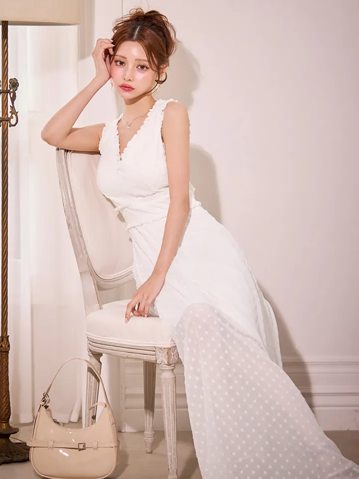 【VELIQUE/ヴェリーク】ドット/ Vネック/ フリル/ ノースリーブ/ ハイウエスト/ Aライン/ フレア/ ワンピース/ ロングドレス/ キャバドレス3