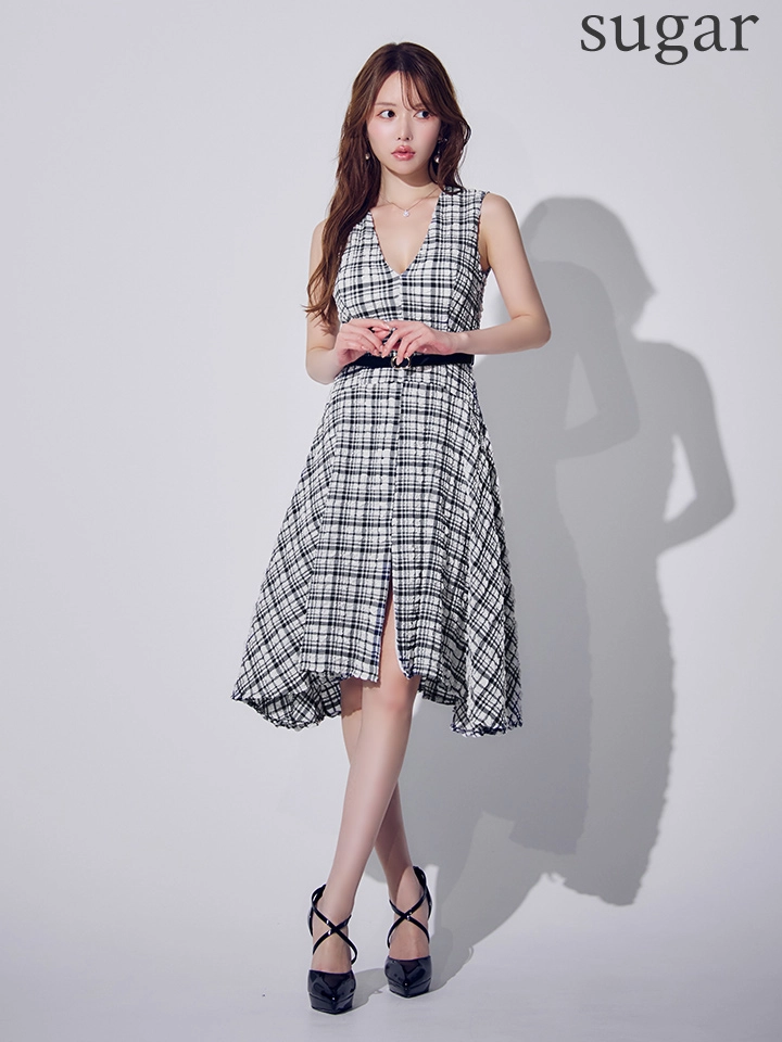 【VELIQUE/ヴェリーク】バックチェーン/ ベルト付き/ チェック柄/ ノースリーブ/ Vネック/ センタースリット/ ポップコーン生地/ フレア/ ワンピース/ ミディアムドレス/ キャバドレス5