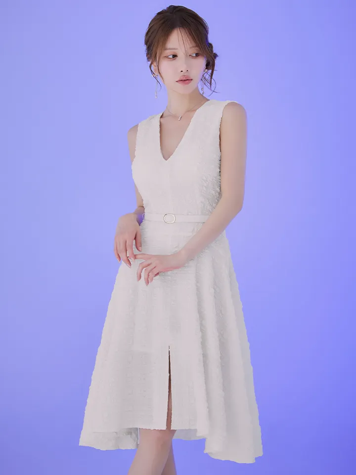 【VELIQUE/ヴェリーク】バックチェーン/ ベルト付き/ チェック柄/ ノースリーブ/ Vネック/ センタースリット/ ポップコーン生地/ フレア/ ワンピース/ ミディアムドレス/ キャバドレス2