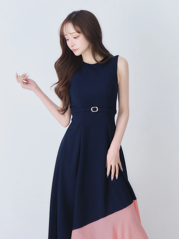 【VELIQUE/ヴェリーク】バイカラー/ ベルト/ ノースリーブ/ フレア/ Aライン/ ロングドレス/ キャバドレスlong1