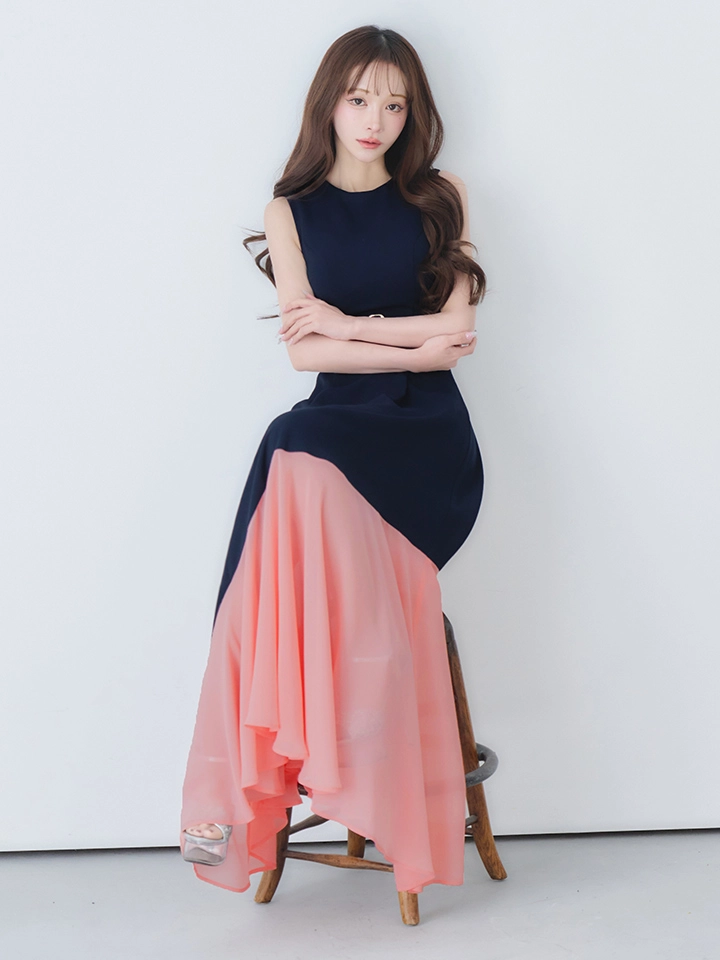 【VELIQUE/ヴェリーク】バイカラー/ ベルト/ ノースリーブ/ フレア/ Aライン/ ロングドレス/ キャバドレスlong2