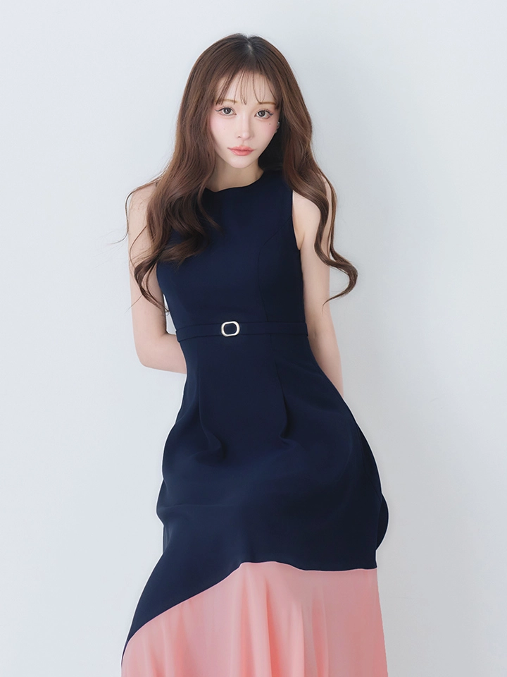 【VELIQUE/ヴェリーク】バイカラー/ ベルト/ ノースリーブ/ フレア/ Aライン/ ロングドレス/ キャバドレスlong4