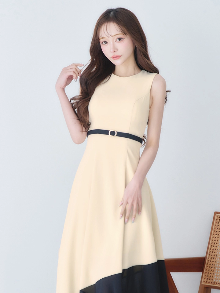 【VELIQUE/ヴェリーク】バイカラー/ ベルト/ ノースリーブ/ フレア/ Aライン/ ロングドレス/ キャバドレスlong1