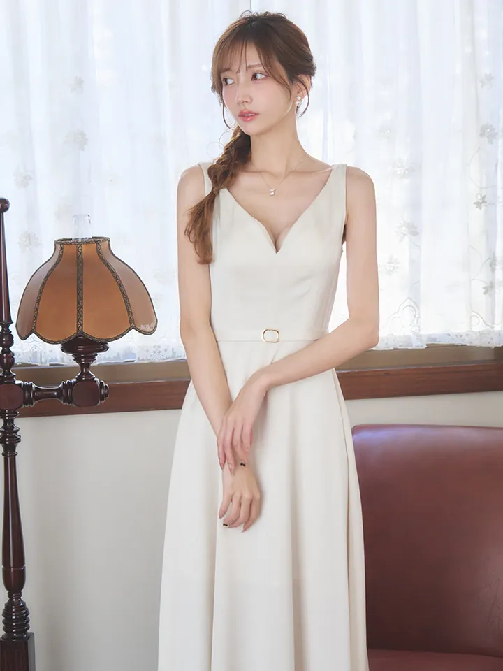 【VELIQUE/ヴェリーク】シンプル/ノースリーブ/ Vネック/ サテン/ ウエストマーク/ Aライン/ フレア/ ワンピース/ ロングドレス/ キャバドレスlong4