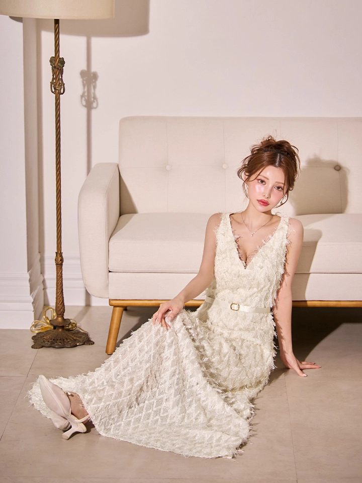 【VELIQUE/ヴェリーク】シャギー/ フリンジ/ ベルトデザイン/ ノースリーブ/ Vネック/ フレア/ ワンピース/ ロングドレス/ キャバドレス4