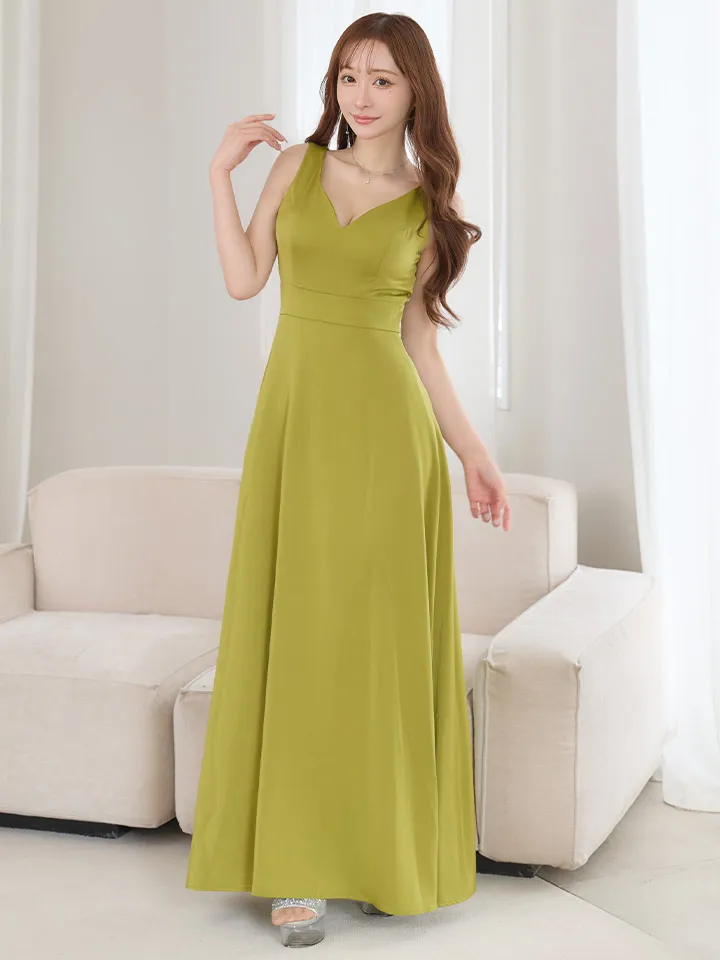 【VELIQUE/ヴェリーク】シンプル/ ワンカラー/ サテン/ 無地/ ノースリーブ/ Vネック/ フレア/ ワンピース/ ロングドレス/ キャバドレス1