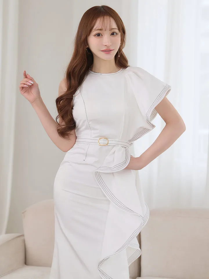 【VELIQUE/ヴェリーク】マーメイド/ 配色ステッチ/ ベルト風/ フリル/ 無地/ アシンメトリー/ ワンピース/ ロングドレス/ キャバドレスlong2