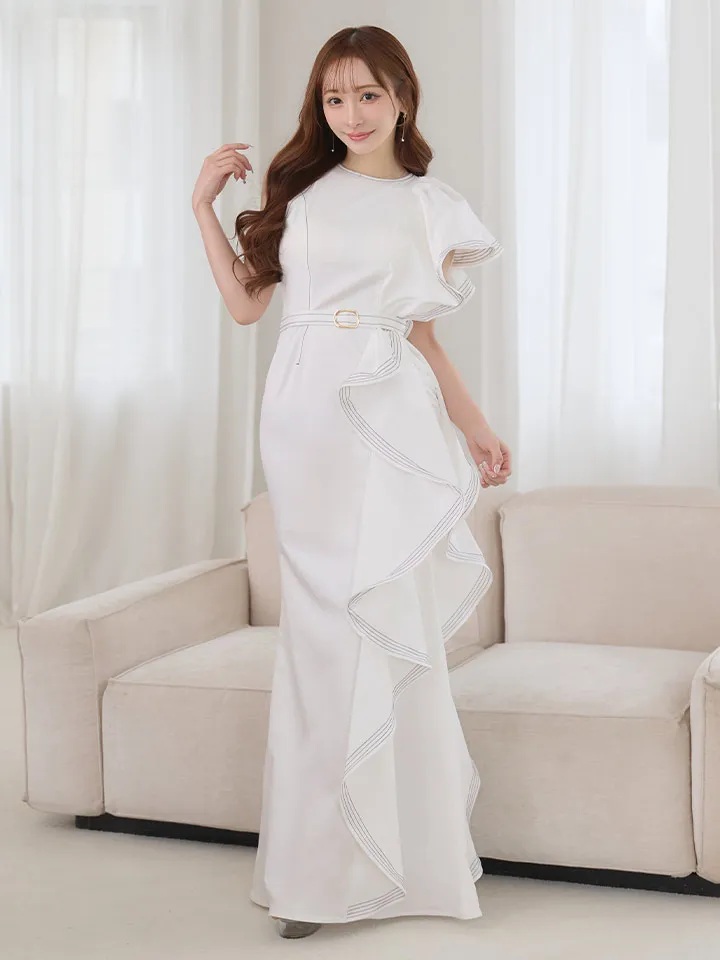 【VELIQUE/ヴェリーク】マーメイド/ 配色ステッチ/ ベルト風/ フリル/ 無地/ アシンメトリー/ ワンピース/ ロングドレス/ キャバドレスlong3