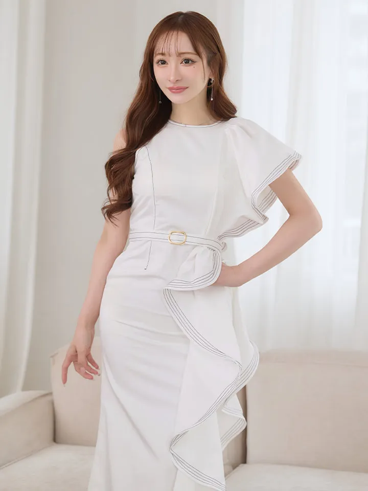 【VELIQUE/ヴェリーク】マーメイド/ 配色ステッチ/ ベルト風/ フリル/ 無地/ アシンメトリー/ ワンピース/ ロングドレス/ キャバドレスlong5