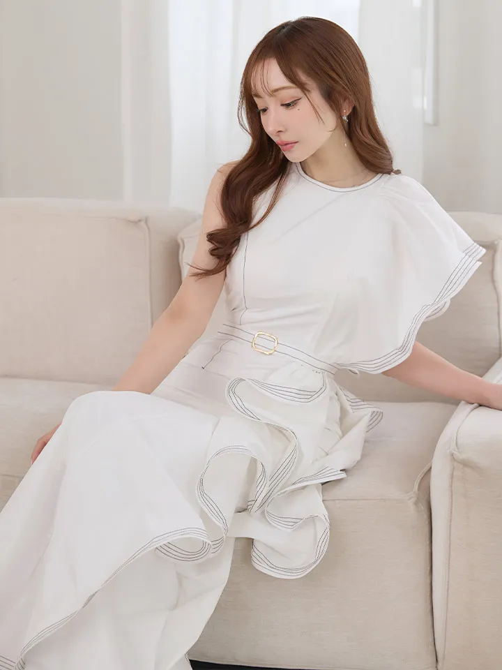 【VELIQUE/ヴェリーク】マーメイド/ 配色ステッチ/ ベルト風/ フリル/ 無地/ アシンメトリー/ ワンピース/ ロングドレス/ キャバドレスlong6