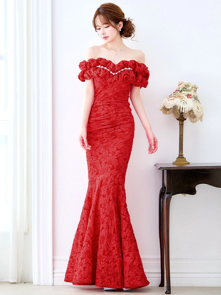 【UNA VALERIE / ウナヴァレリェ】マーメイド/ フラワージャガード/ オフショル/ フリル/ パール/ ロングドレス/ キャバドレス long12