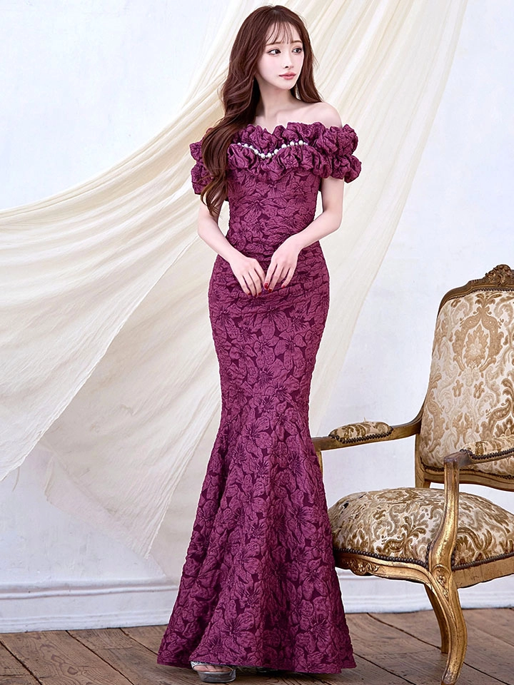 【UNA VALERIE / ウナヴァレリェ】マーメイド/ フラワージャガード/ オフショル/ フリル/ パール/ ロングドレス/ キャバドレス long7
