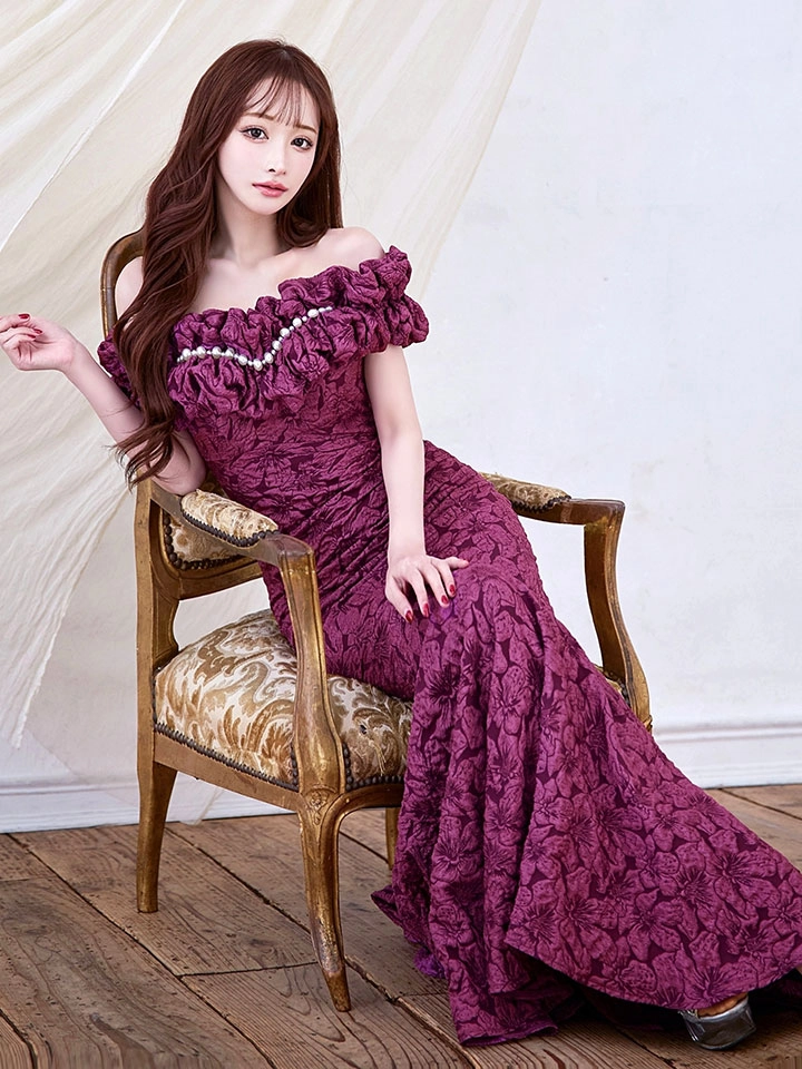 【UNA VALERIE / ウナヴァレリェ】マーメイド/ フラワージャガード/ オフショル/ フリル/ パール/ ロングドレス/ キャバドレス long9