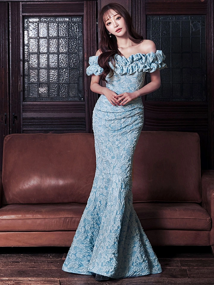 【UNA VALERIE / ウナヴァレリェ】マーメイド/ フラワージャガード/ オフショル/ フリル/ パール/ ロングドレス/ キャバドレス long4