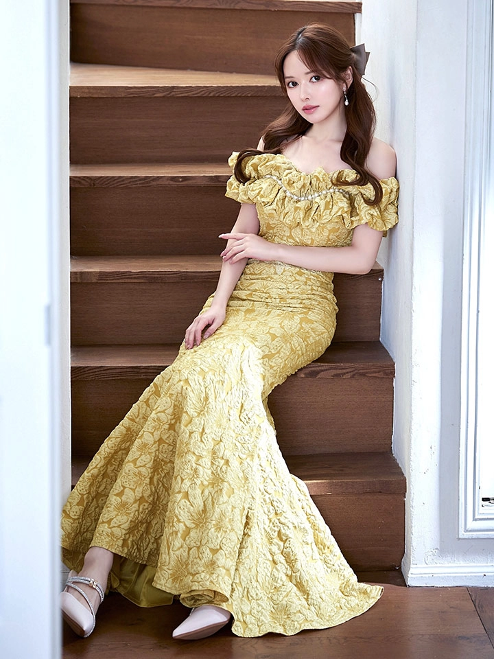 【UNA VALERIE / ウナヴァレリェ】マーメイド/ フラワージャガード/ オフショル/ フリル/ パール/ ロングドレス/ キャバドレス long2