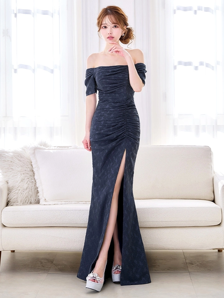 【UNA VALERIE / ウナヴァレリェ】マーメイド/ フラワージャガード/ オフショル/ スリット/ タック/ ロングドレス/ キャバドレス long2