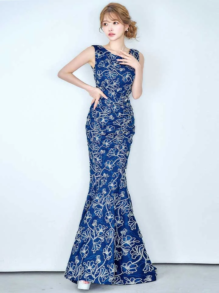 【UNA VALERIE / ウナヴァレリェ】マーメイド/ フラワー刺繍/ ジャガード/ ボートネック/ ノースリーブ/ ストレッチ/ ワンピース/ ロングドレス/ キャバドレス9