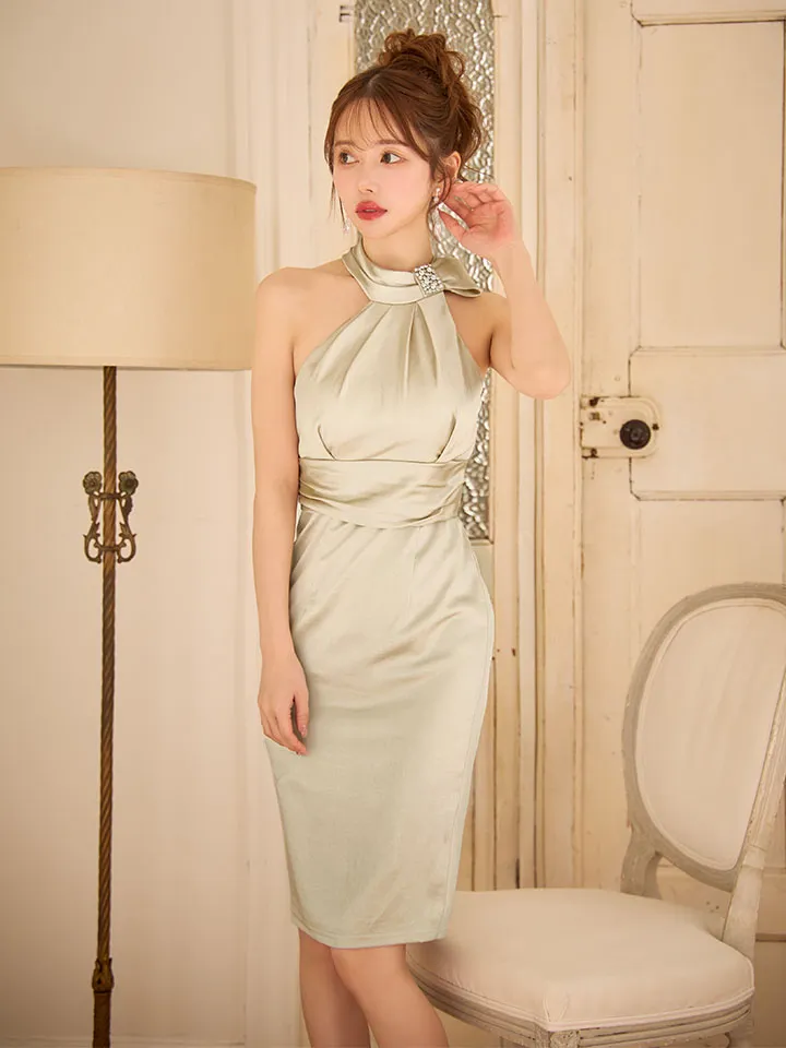 【Veautt/ヴュート】【OF05】ホルターネック/ ウエストマーク/ ドレープ/ ビジュー/ タイト/ ミディアムドレス/ キャバドレス1