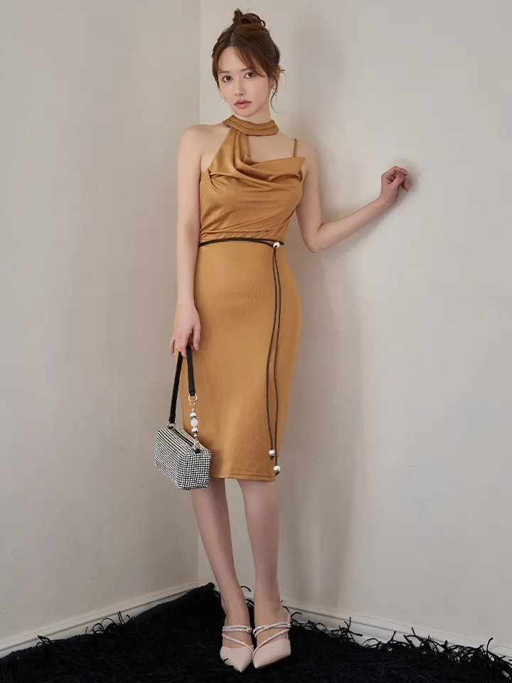 【Veautt/ヴュート】【OF05】アシンメトリーネック/ ドレープ/ ベルト/ タイト/ ミディアムドレス/ キャバドレス1