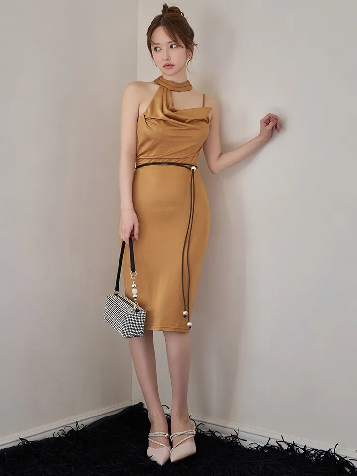 【Veautt/ヴュート】【OF05】アシンメトリーネック/ ドレープ/ ベルト/ タイト/ ミディアムドレス/ キャバドレス2