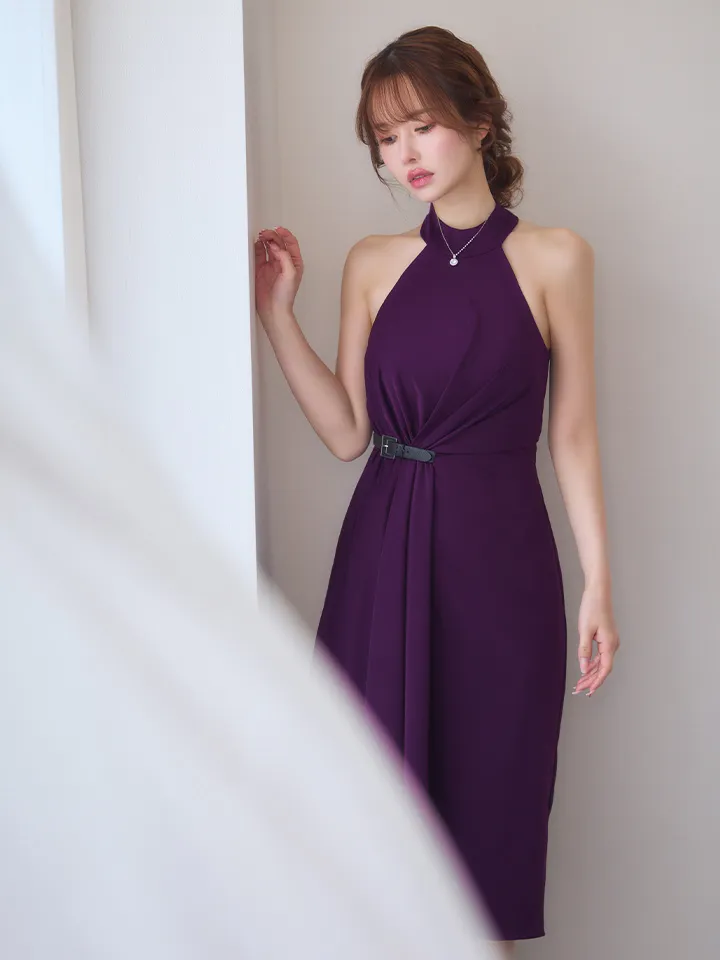 【Veautt/ヴュート】ホルターネック/ ウエストベルト/ アシンメトリー/ フレア/ ミディアムドレス/ キャバドレス2
