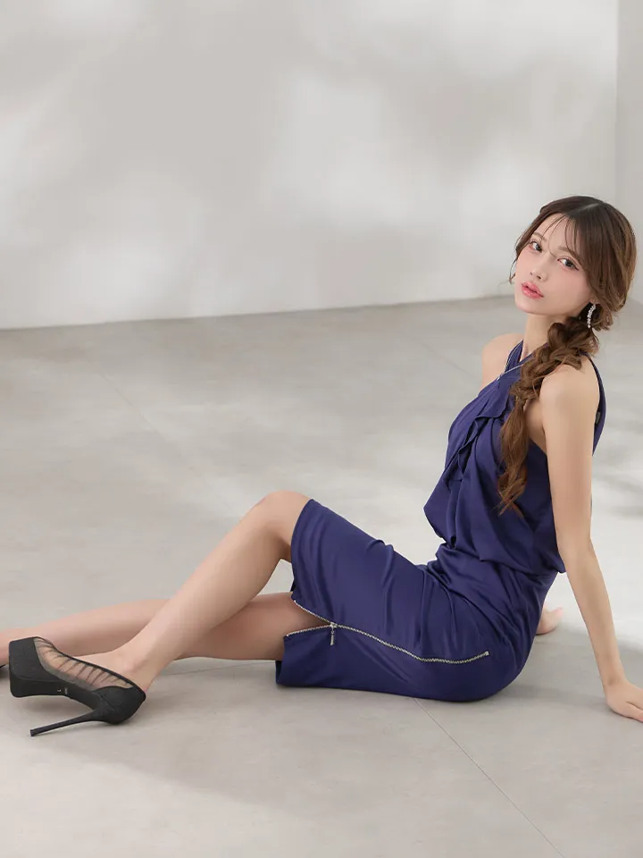 【Veautt/ヴュート】【OF05】クロスネック/ フロントフリル/ サテン/ サイドファスナー/ タイト/ ミディアムドレス/ キャバドレス3