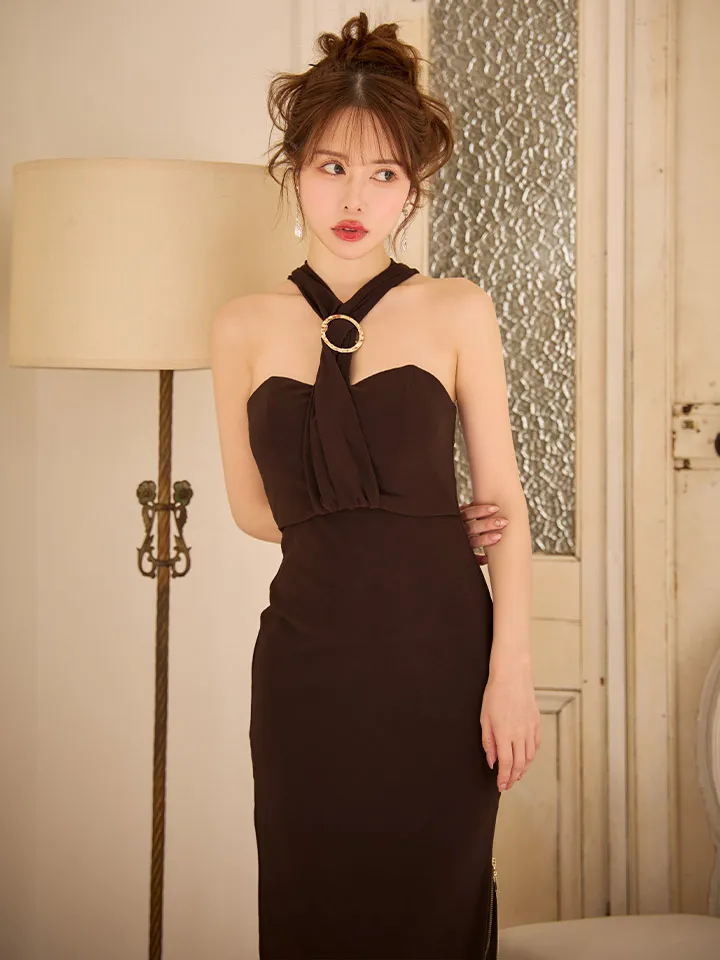 【Veautt/ヴュート】 ホルターネック/ リング/ ドレープ/ ウエストマーク/ サイドファスナー/ タイト/ ミディアムドレス/ キャバドレス2