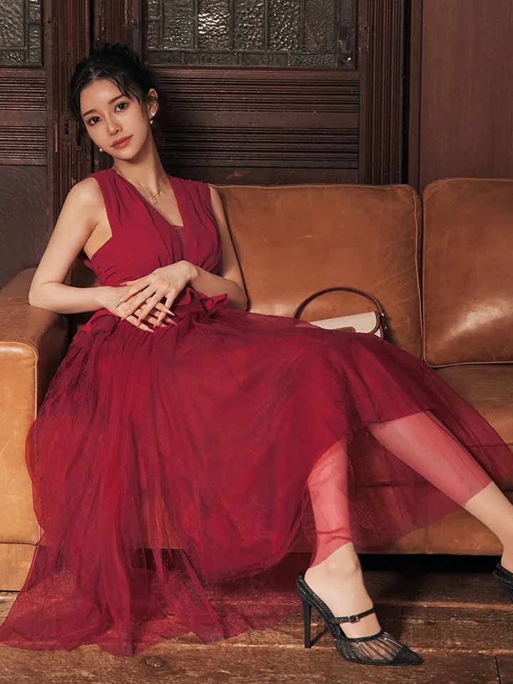 【Veautt/ヴュート】【OF05】ノースリーブ/ ウエストフリル/ ペプラムデザイン/ チュール/ シフォン/ ロングフレア/ ミディアムドレス/ キャバドレス4