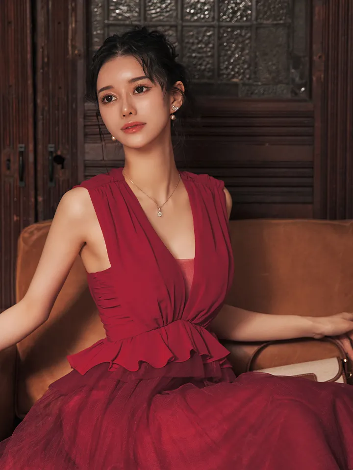 【Veautt/ヴュート】【OF05】ノースリーブ/ ウエストフリル/ ペプラムデザイン/ チュール/ シフォン/ ロングフレア/ ミディアムドレス/ キャバドレス5