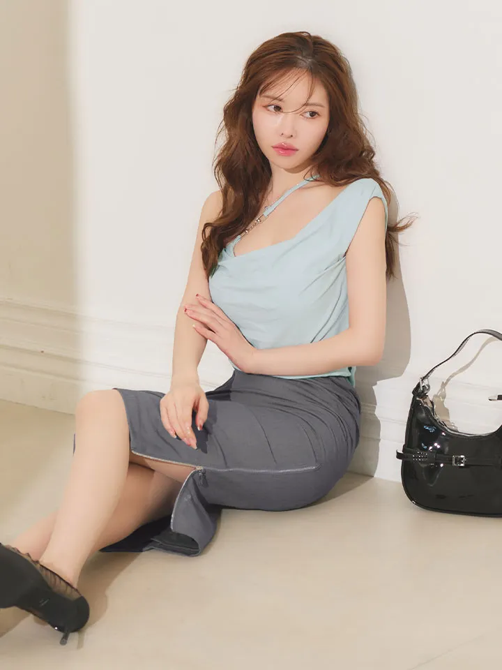 【Veautt/ヴュート】ワンショルダー/ アシンメトリーデザイン/ ドレープ/ チャーム/ バイカラー/ チェーン/ サイドファスナー/ タイト/ミディアムドレス/ キャバドレス5