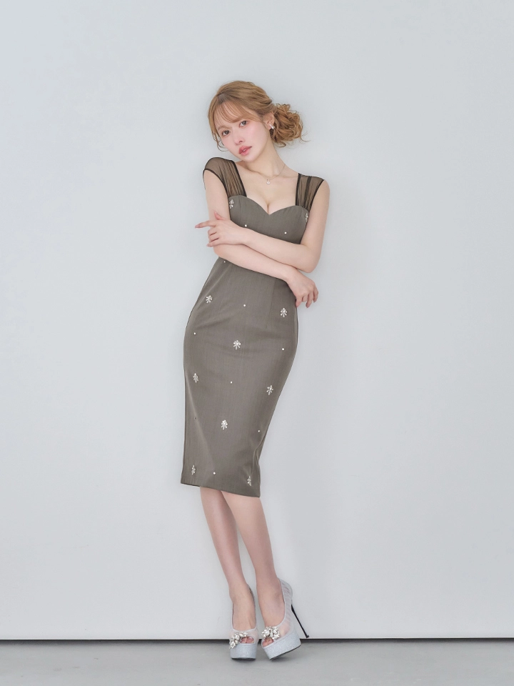 【Veautt/ヴュート】【OF05】シアーショルダー/ ビジュー/ タイト/ ミディアムドレス/ キャバドレス1