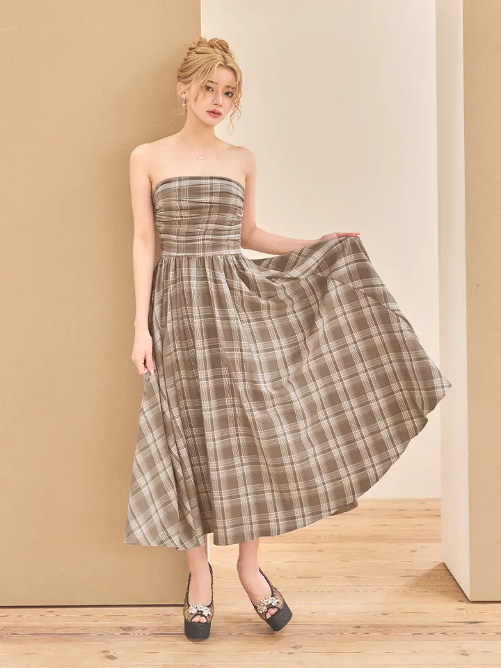 【Veautt/ヴュート】ベアトップ/ ギャザー/ チェック/ 2way/ フレア/ ワンピース/ ミディアムドレス/ キャバドレス2