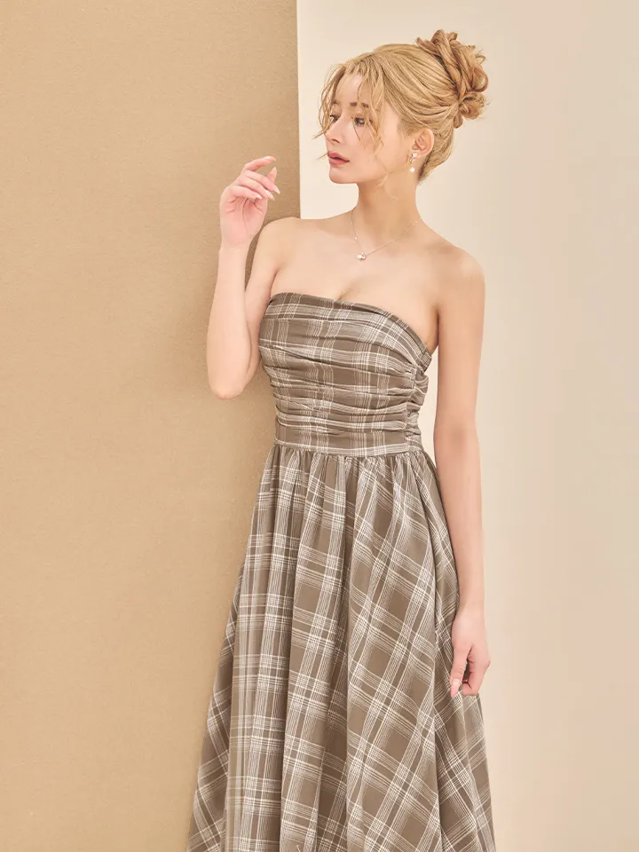【Veautt/ヴュート】ベアトップ/ ギャザー/ チェック/ 2way/ フレア/ ワンピース/ ミディアムドレス/ キャバドレス3