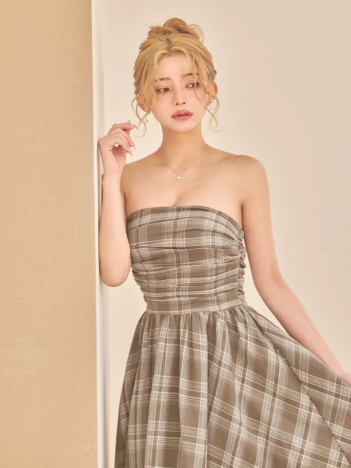 【Veautt/ヴュート】ベアトップ/ ギャザー/ チェック/ 2way/ フレア/ ワンピース/ ミディアムドレス/ キャバドレス4