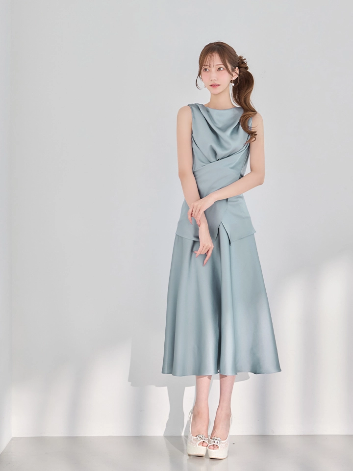 【Veautt/ヴュート】ウエストクロスデザイン/ ドレープ/ バックオープン/ リボン/ セパレート/ フレア/ ワンピース/ ミディアムドレス/ キャバドレス1