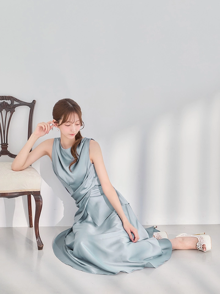 【Veautt/ヴュート】ウエストクロスデザイン/ ドレープ/ バックオープン/ リボン/ セパレート/ フレア/ ワンピース/ ミディアムドレス/ キャバドレス1